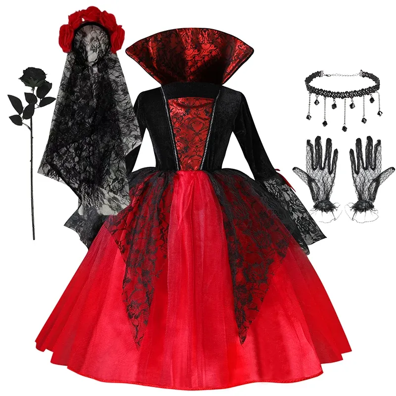 Halloween Mädchen Cosplay Vampir Kleid für Kinder Geisterbraut Vampir Kostüm Vampiran Karneval Party Outfits Scarlet Gothic Kleidung