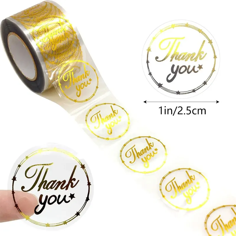 500 Stück runde, transparente Goldfolien-Dankeschön-Aufkleber zum Feiern mit uns, Geschenkbox-Paket, Dekoration, Umschlagsiegel