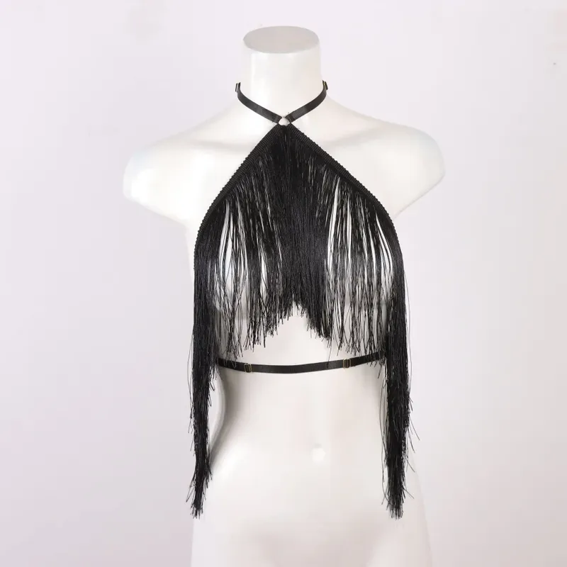 Schwarzes Neckholder-Top mit Quasten für Damen, verstellbares elastisches Geschirr, Ganzjahresbekleidung, Oberteil für Freizeitkleidung, Oberteil mit Quastendetail