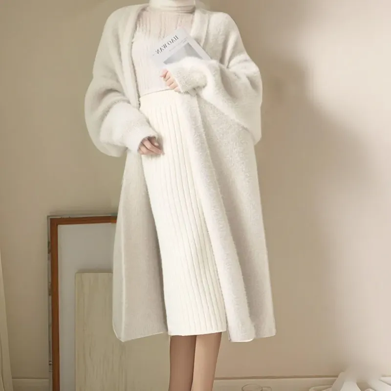 Weiße lange Strickjacke für Damen, Winterkleidung, gestrickt, flauschig, langärmelig, Kaschmirpullover, Mantel, koreanischer Stil, warm, Vintage