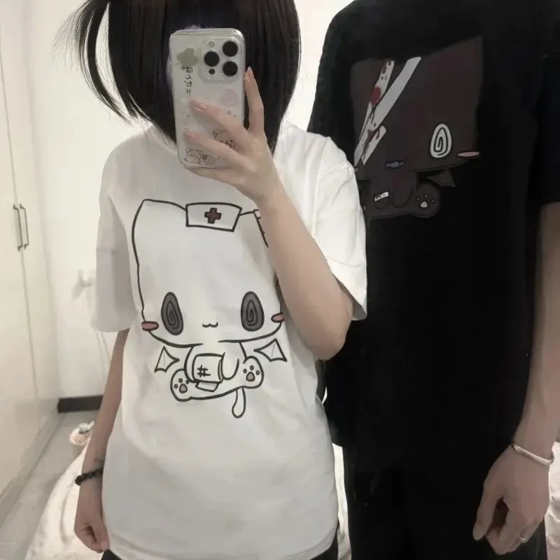 Frauen T Shirts Cartoon Gedruckt Lustige Paar Süße Kurzarm O Neck Lose Y2k Harajuku Tops Weibliche Casual T-shirt