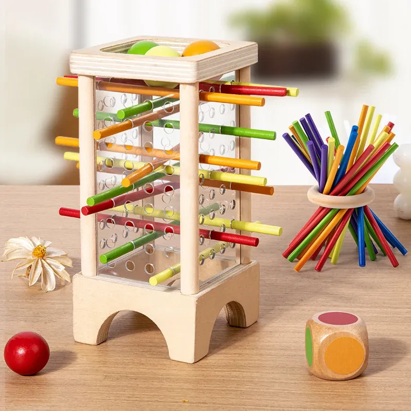 Holzstab Brettspiel Eltern-Kind-Interaktion Montessori Holzspielzeug, 4-seitiges Acryl-Zylinderspiel, Stick-Picking-Spiel