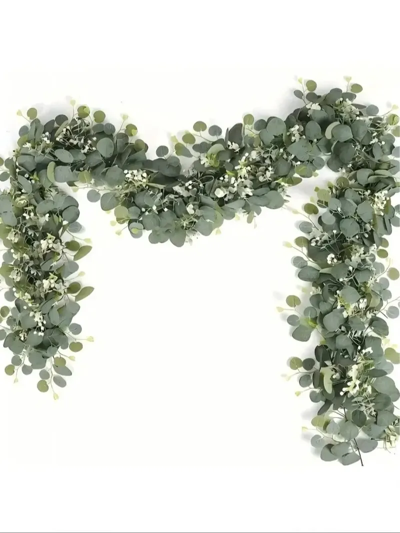 1 Stück künstliche Eukalyptusblätter, grüne Girlande, künstliche Pflanzen, Frühlingsreben mit weißen Blumen, Beeren für Hochzeit, Zuhause, Party, Dekoration
