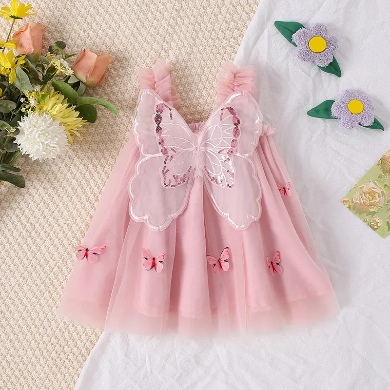 Sommer Kinder Kleidung Mädchen Baby Kleid Mädchen Cartoon Stickerei Schmetterling Flügel Nette Hosenträger Mesh Prinzessin Kleid