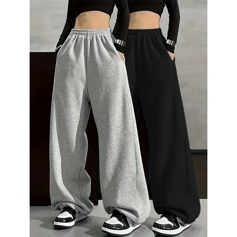 Einfarbige, bequeme Hose mit weitem Bein und elastischer Taillentasche, lässige, lockere Passform für Herbst und Winter