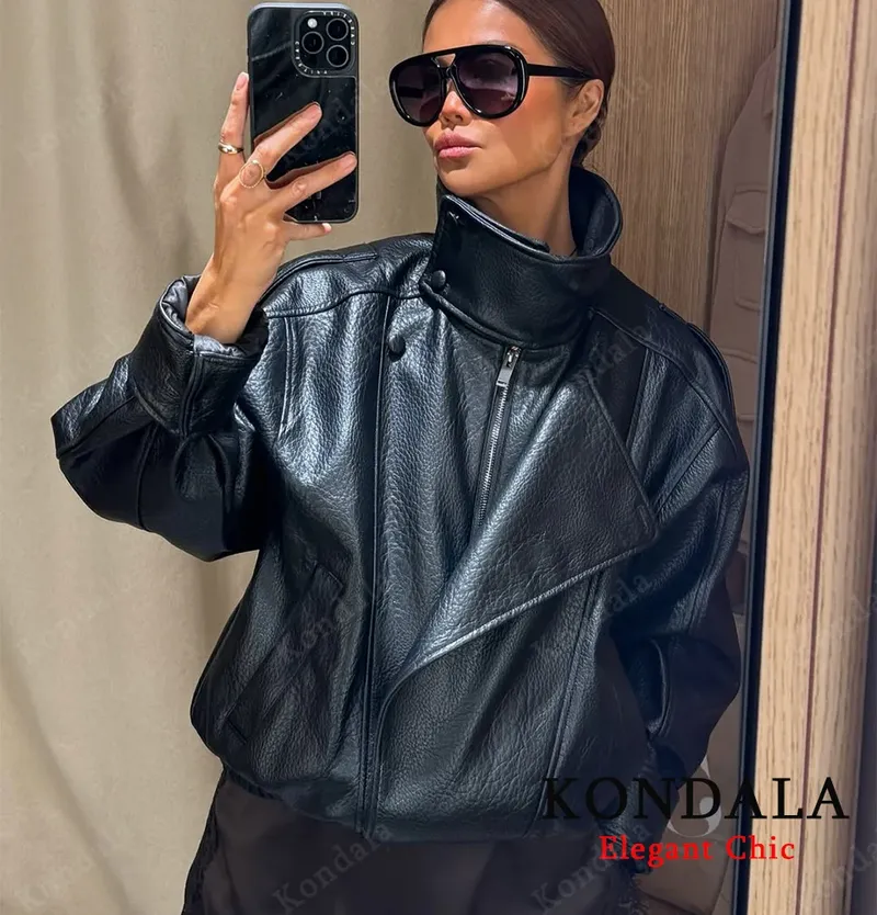 Frauen 2025, Herbst Winter Leder Stehkragen Jacke Faux PU Reißverschluss Pilot Jacke Mantel Lässige Mode Outwear Damen Jacke
