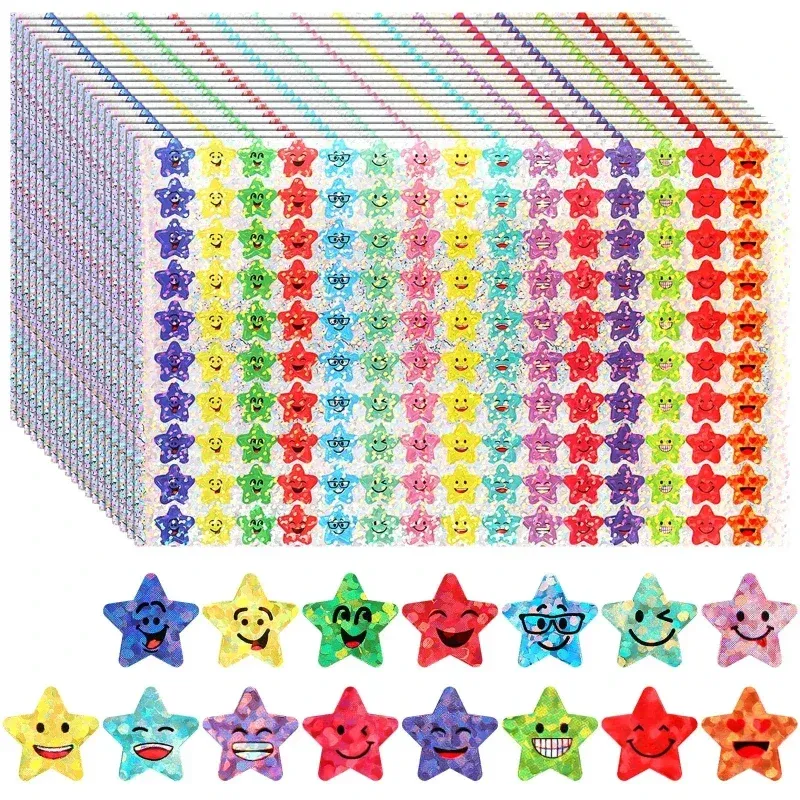 1500 Stück glitzernde Folien-kleine Stern-Aufkleber, 15 Designs Happy Face-Aufkleber, geeignet für DIY-Kunsthandwerk und Belohnungspreise für Studenten
