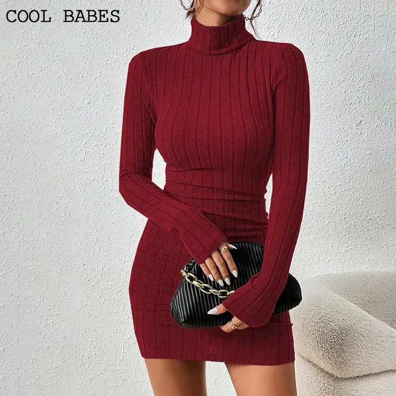 Frauen Kleider Elegante Party Herbst Winter Neue Rollkragen Lange Ärmel Sexy Mantel Mini Kleider Bodycon Club Gestrickte Kleid