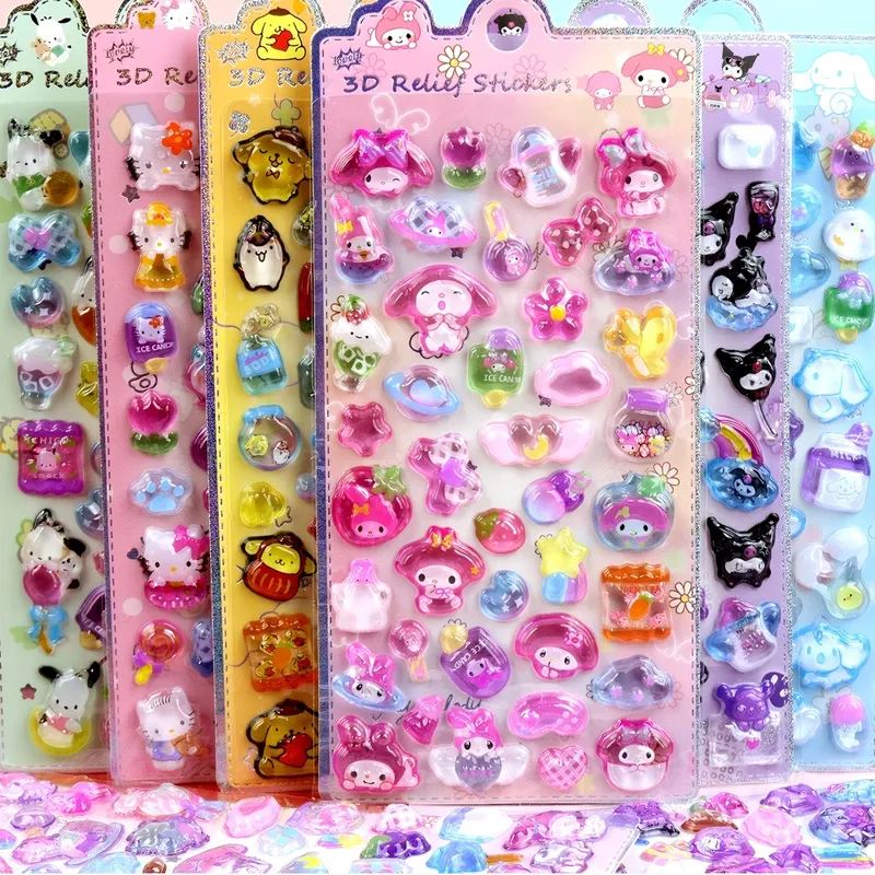 Kawaii Sanrio Cartoon 3D Relief Aufkleber Kuromi My Melody Kristall Aufkleber Spielzeug Wasserdichte Kinder Belohnung Aufkleber Geschenke