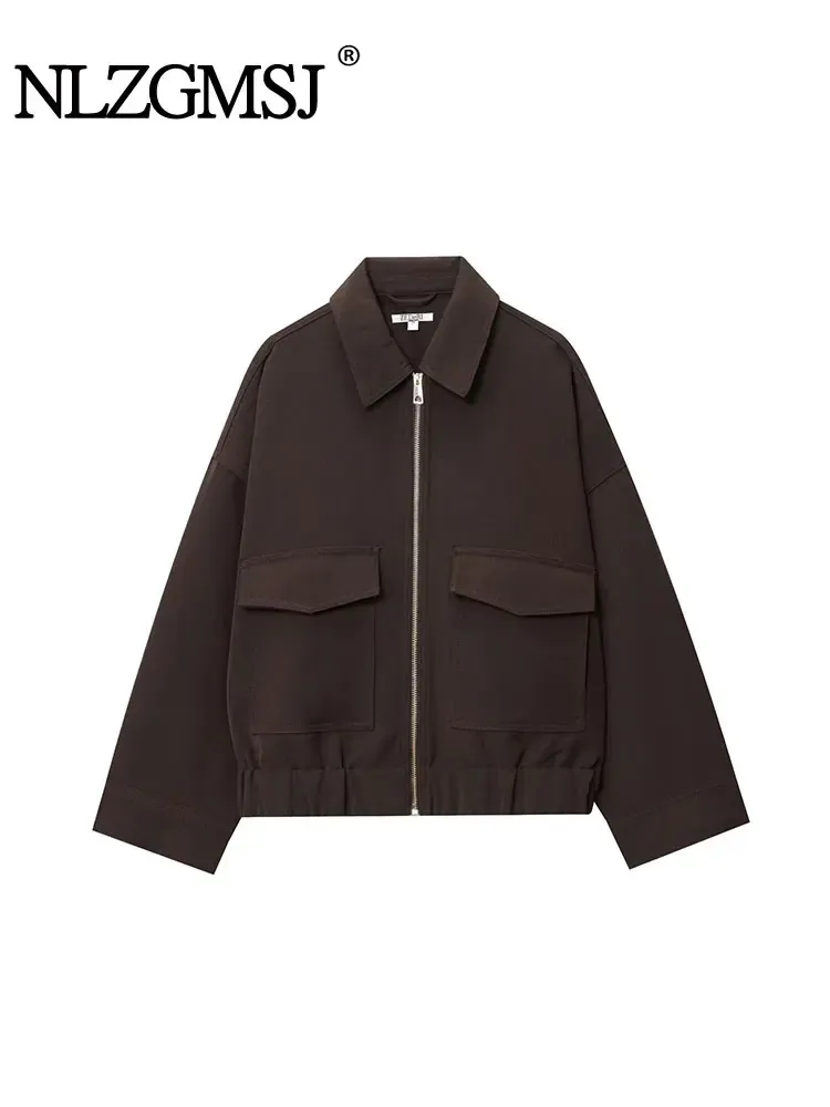 NLZGMSJ Damen 2025, Herbst, elegante Kleidung, Jacke, Vintage-Reverskragen, Reißverschluss, volle Ärmel, Taschenmantel, Damen-Oberbekleidung