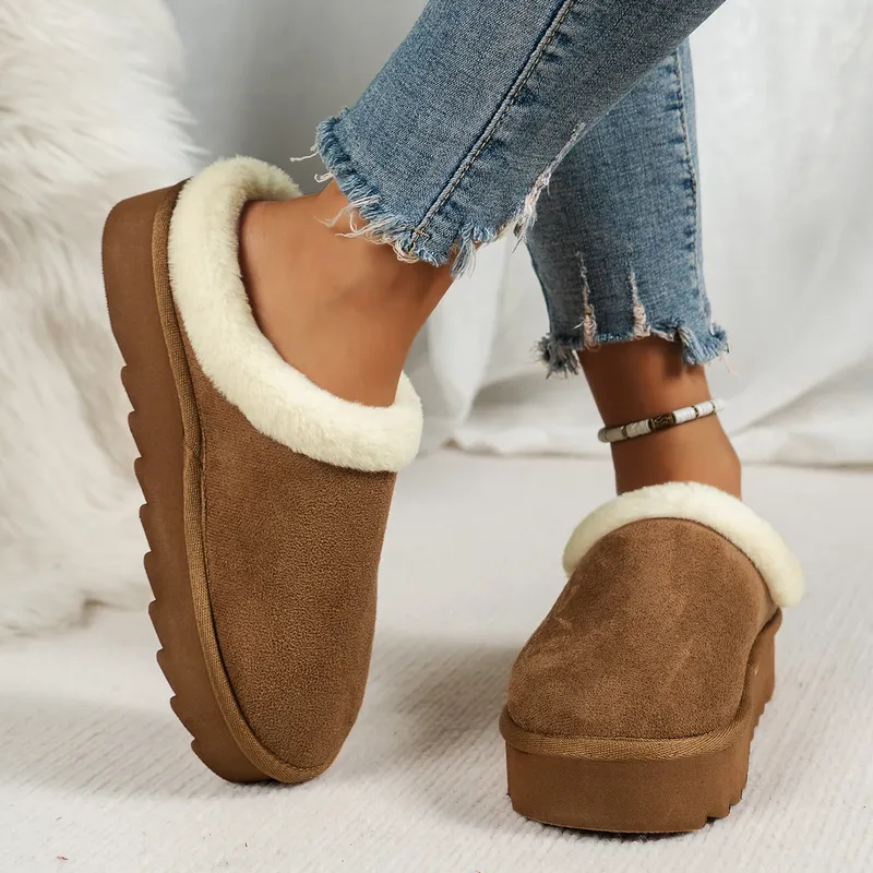 Flauschige Damen-Freizeitschuhe mit dicken Sohlen im Winter, rutschfest mit dicken Sohlen für den Innenbereich und warm mit Fellfutter