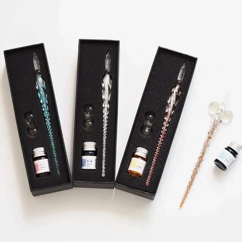 Kristallglas Tauchstift Geschenkbox Bunte Goldpulver Tinte Unterschrift Stift Set Kreatives Briefpapier Geschenke für Freunde Klassenkameraden