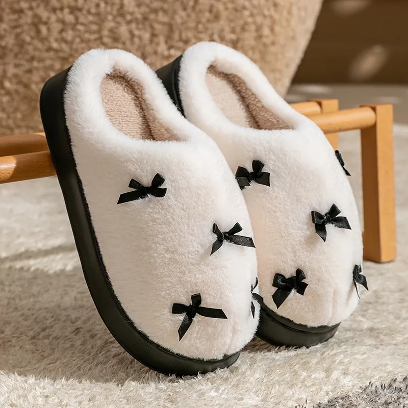 Mode frauen Bogen Hausschuhe Winter Indoor Hause Warme Non-Slip EVA Dicken Boden Paare Schuhe Plüsch Weiche Sohle haus Rutschen