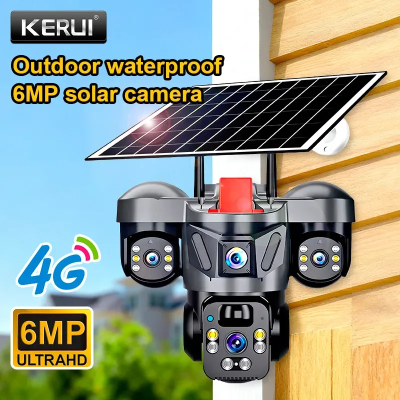 KERUI 4G SIM WLAN Heimsicherheit PTZ 6MP Solarpanel Dreifach-Linsen-Kamera CCTV Videoüberwachung V380pro Eingebaute Batterie für Außenbereich