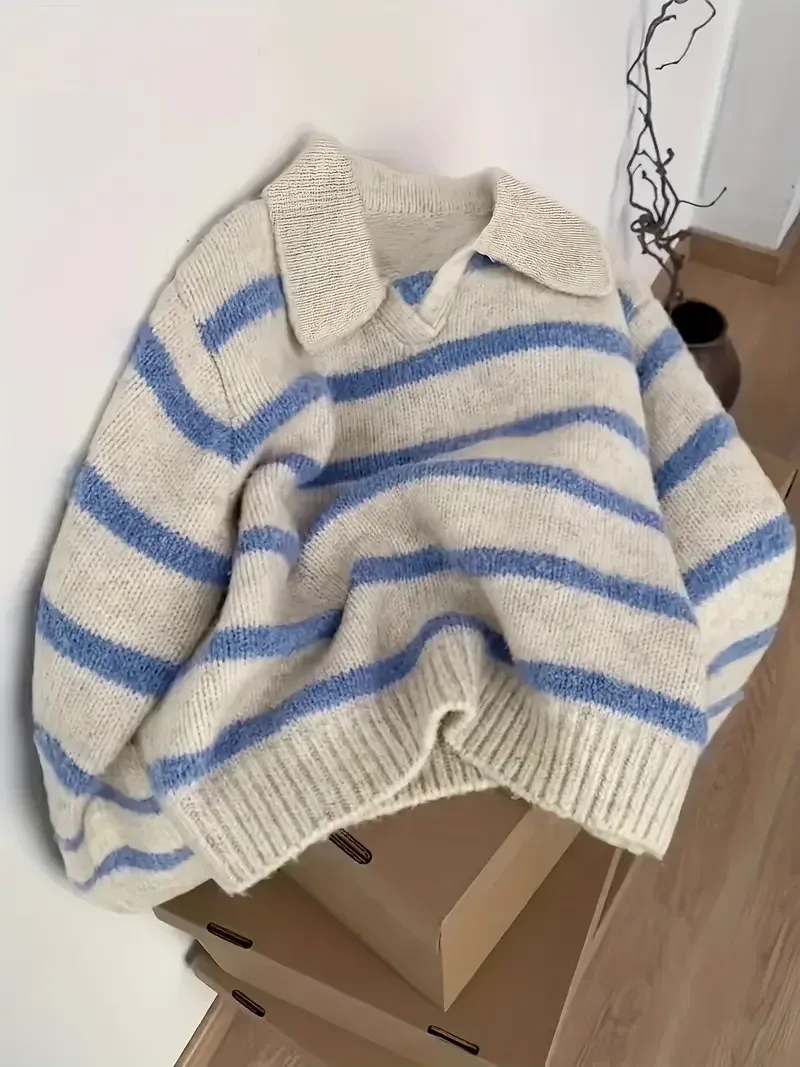 Damenmode, lässig, POLO-Kragen, gestreift, gestrickt, Kapuzenpullover, weicher und bequemer Intercolor-Pullover
