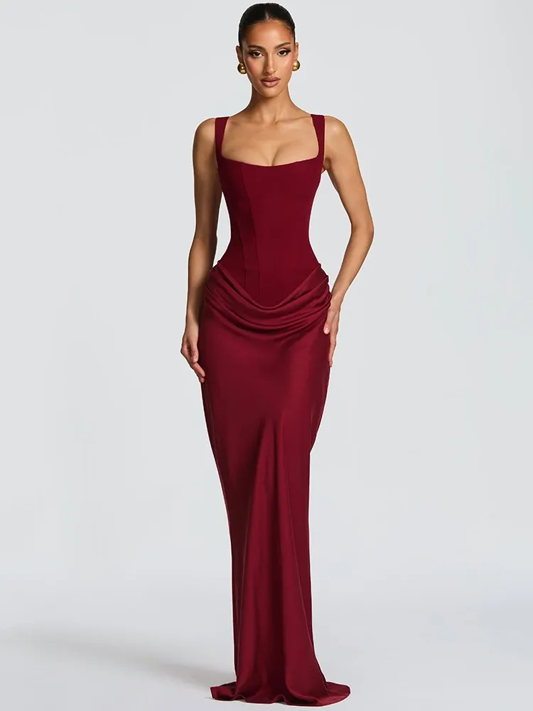 Mozision Elegantes, rückenfreies, sexy Maxikleid für Damen, modisch, quadratischer Kragen, ärmellos, dünn, gerüscht, für Club, Party, lange Kleider