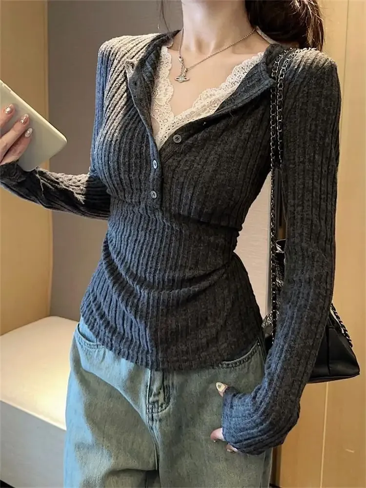 Frauen Top Spitze Patchwork Langarm T-Shirt Basis Shirt Mode Vintage Gefälschte Zwei-stück V-ausschnitt T-shirt Ästhetische Kleidung