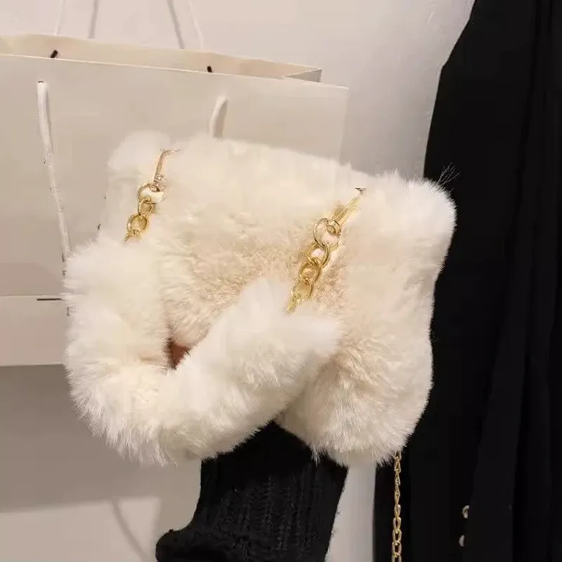 Plüsch-Kunstfell-Einkaufstasche für Damen, Winter-Umhängetasche, lässige, flauschige Umhängetaschen, modische Kette, Handtasche, Mädchen, weiche Geldbörse