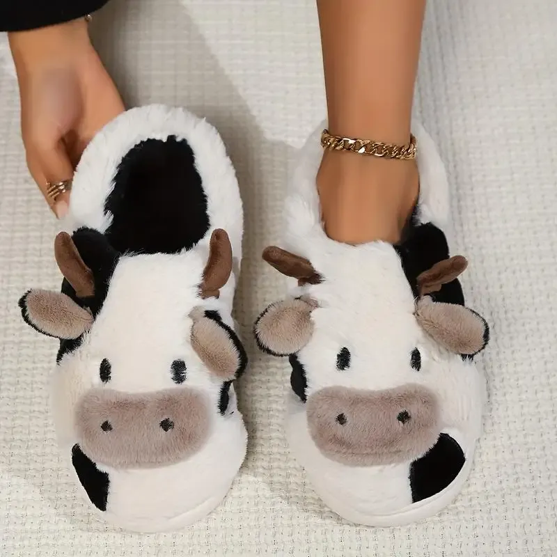 Weiche Kuh-Hausschuhe für Damen – gemütliche Hausschuhe mit Tiermotiv, flauschige Winterschuhe für Damen, Hausschuhe