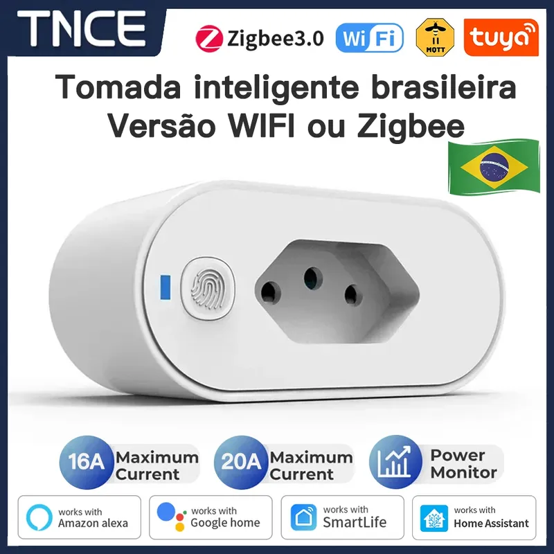 TNCE Tuya Brasilien Stecker 16/20A Adapter, WIFI oder ZigBee3.0 Steckdose mit Power Monitor, Smart Outlet Control, Voice Google Home Alexa