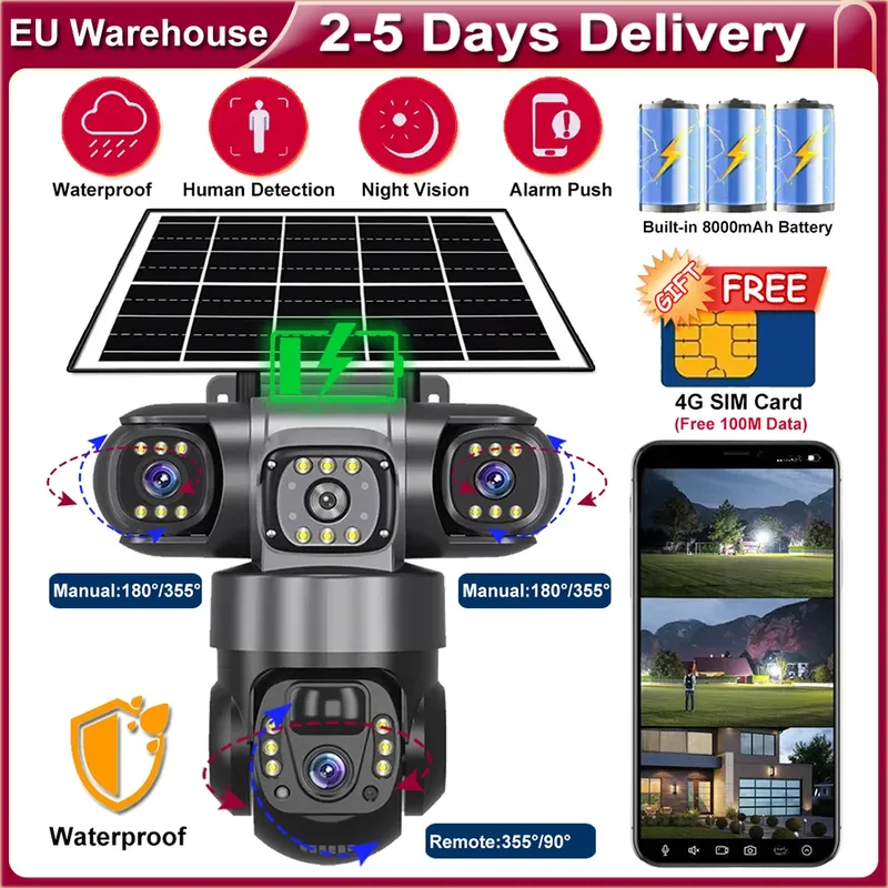 4G-Solarkamera mit SIM-Karte, 3-Objektiv, Außenüberwachung, Heimsicherheit, Schutz, Menschenerkennung, kabellose PTZ-IP-CCTV-Kameras