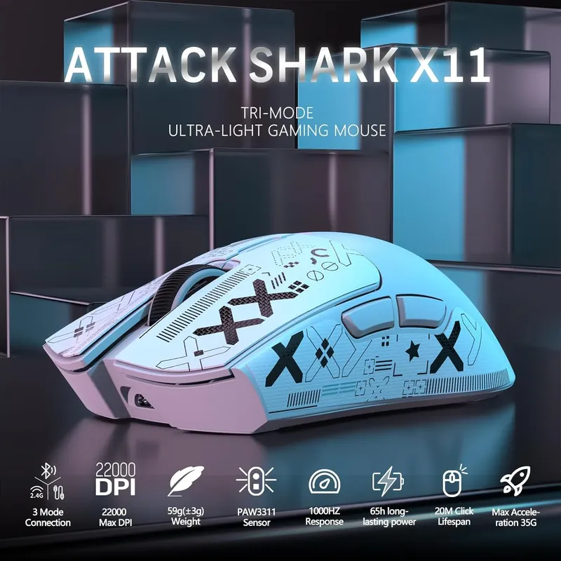 ATTACK SHARK X11 Kabellose Gaming-Maus mit magnetischer RGB-Ladestation, kabelgebunden/2,4 G/BT, 22 K DPI, ultraleichter 59 g Tri-Mode mit Klebeband