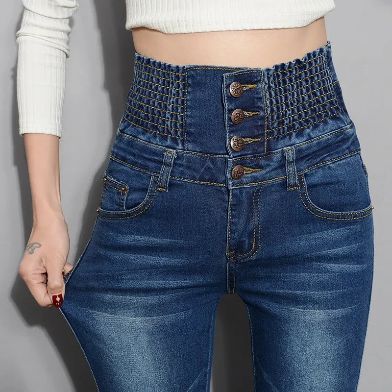 Denim Hosen Herbst Winter Jeans Für Frauen Hohe Taille Dünne Warme Dicke Jeans Frauen Hohe Elastische Plus Größe Stretch Jeans samt - 10.91 EUR