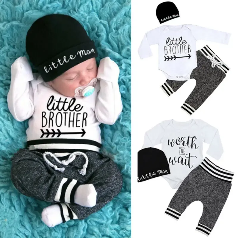 0-18Months Neugeborene Jungen Kleidung Baumwolle Sets Lange Hülsenspielanzug Hose Hüte Outfit 3Pcs Baby Warme Kleidung