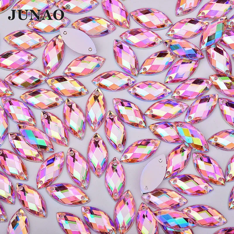 JUNAO 100pc 7*15mm Rosa AB Nähen Strass Flache Rückseite Pferd Auge Nähen Auf Strass Kristall Lose acryl Perle Stein Für Handarbeiten