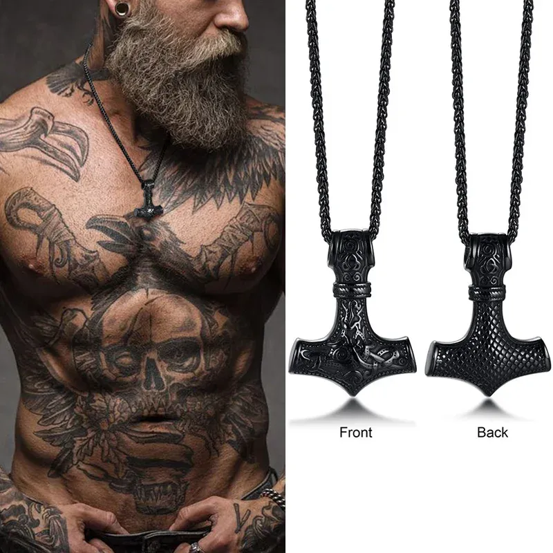 Mjolnir Die Hammer von Thor Nordischen Pagan Symbol Anhänger Halskette Edelstahl Doppelseitige Drachen Design Viking Schmuck