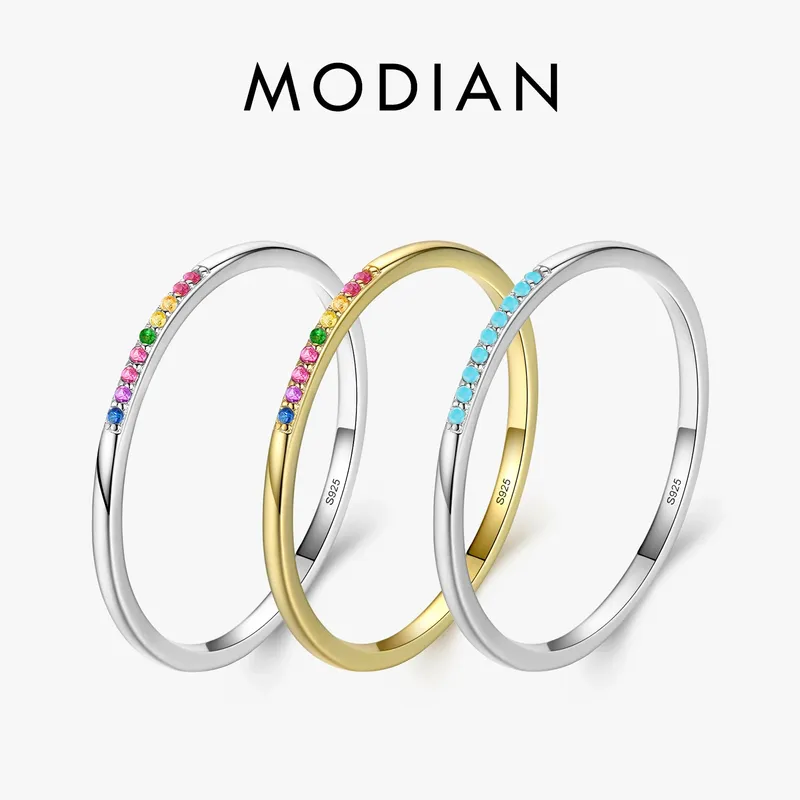 Modian Neue Echt 925 Sterling Silber Trendy Regenbogen CZ Stapelbar Bunte Finger Ringe Für Frauen Weibliche Hochzeit Erklärung Schmuck