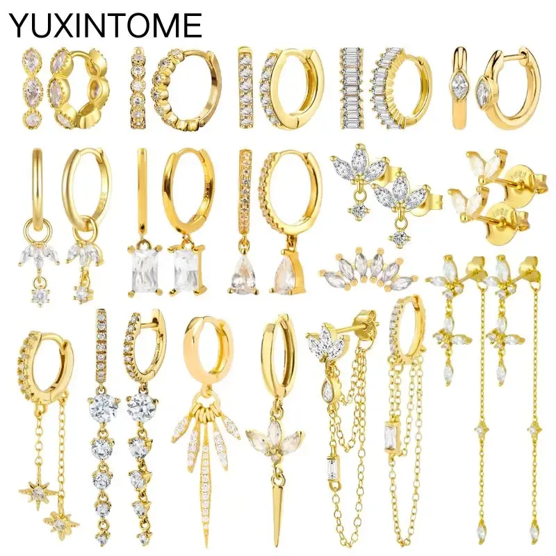 Weiße Farbe Zirkon Creolen 925 Sterling Silber Nadel Kreuz/Stern/Blume/Wassertropfen Anhänger Gold Ohrringe Luxus Schmuck