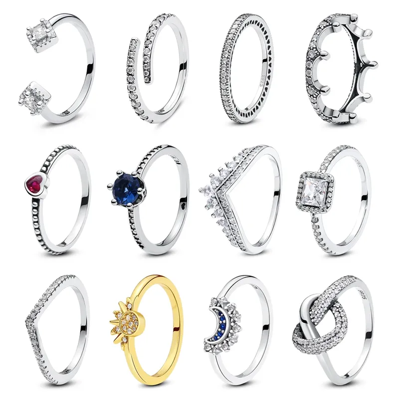 Ringe aus 925er-Sterlingsilber für Damen, Original-Krone, Liebe, Herz, Wishbone, Verlobung, Hochzeit, Roségold, Kristallring, Luxusschmuck