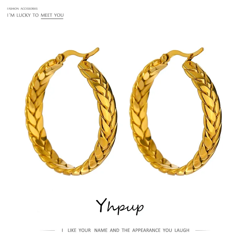 Yhpup Statement-Creolen aus Edelstahl mit Kette, hochwertiges 18-karätiges vergoldetes Metall, Gold, ungewöhnlicher Modeschmuck, Bijoux Ete-Geschenk