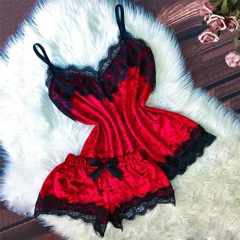 Sommer Pyjamas Frauen Samt Bogen Nachtwäsche Ärmellose Strap Nachtwäsche Spitze Trim Cami Top Pyjama Sets Femme Sexy Dessous
