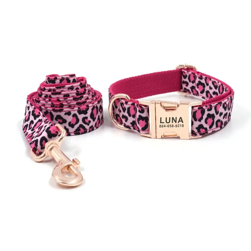 Personalisiertes Hundehalsband, individuelle Haustierhalsbänder, kostenlose Gravur, Ausweis, Namensschild, Anhänger, Haustierzubehör, rosa Leoparden-Welpenhalsband, Leine