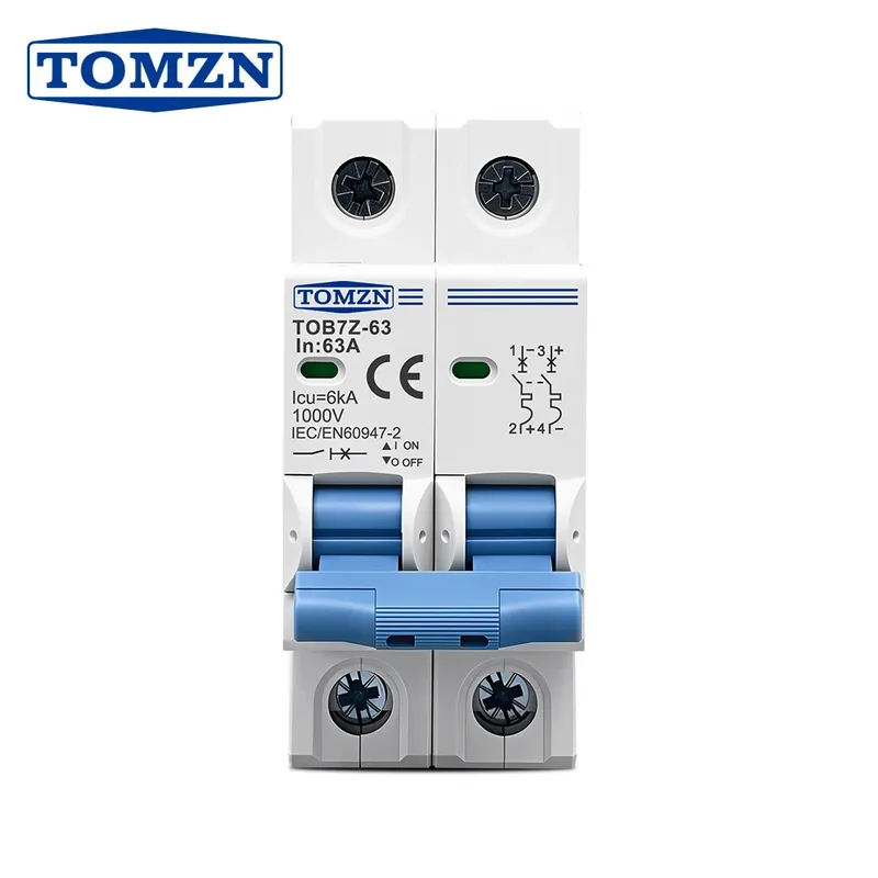 TOMZN 2P DC MCB 1000V Solar-Miniatur-Leitungsschutzschalter 3A 6A 10A 16A 20A 25A 32A 40A 50A 63A DC MCB für PV-Systeme