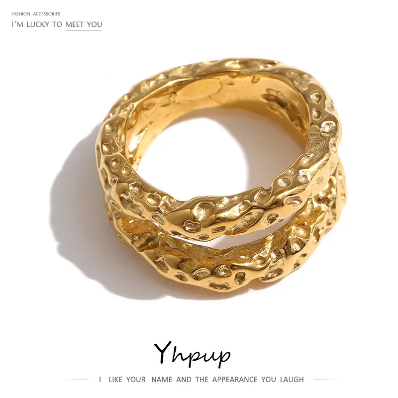 Yhpup Edelstahl Runde Ringe Für Frauen Gold Textur Metall 18K Überzogene Aussage Trendy Schmuck Bagues Pour Femme Geschenk
