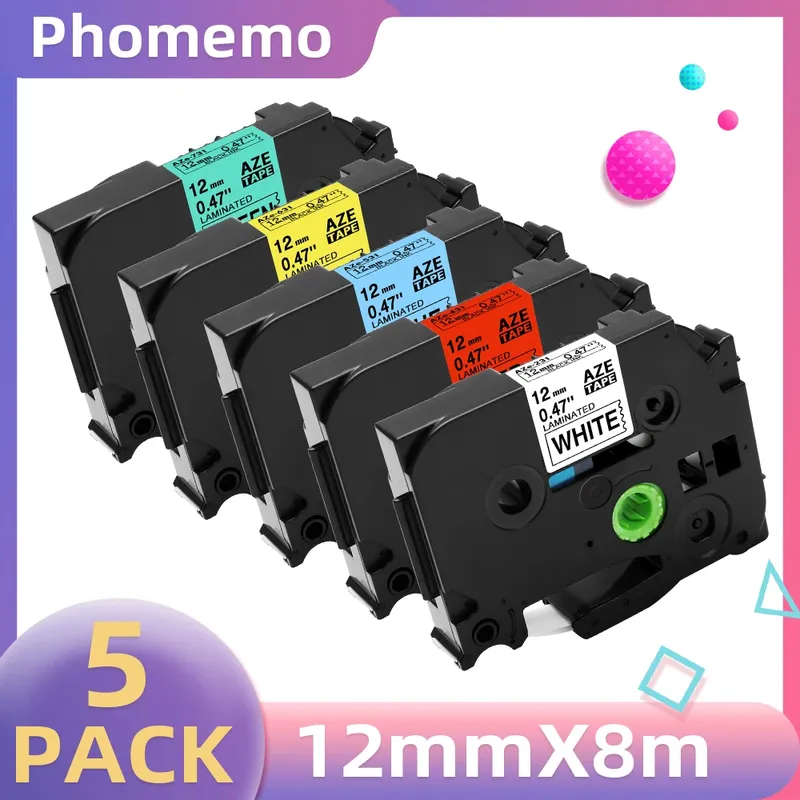 5 Stück Etikettenband für P3100 E1000 Pro Ribbon Label Maker Drucker Schwarz auf Weiß TZe-231 TZe-631 Kompatibel für Brother P-touch