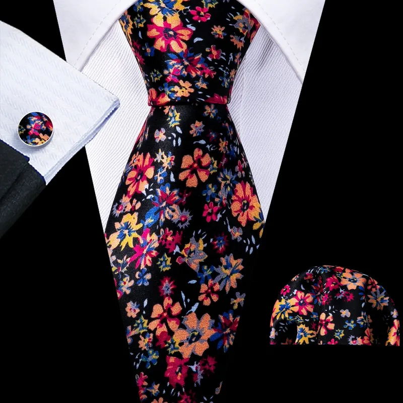 Herren-Krawatten-Set mit rotem Aufdruck, Seide, Jacquard, Blumenmuster, Hochzeit, Business, Krawatte, Taschentuch, Manschettenknöpfe, 30 Farben, Luxus-Geschenk, Barry.Wang
