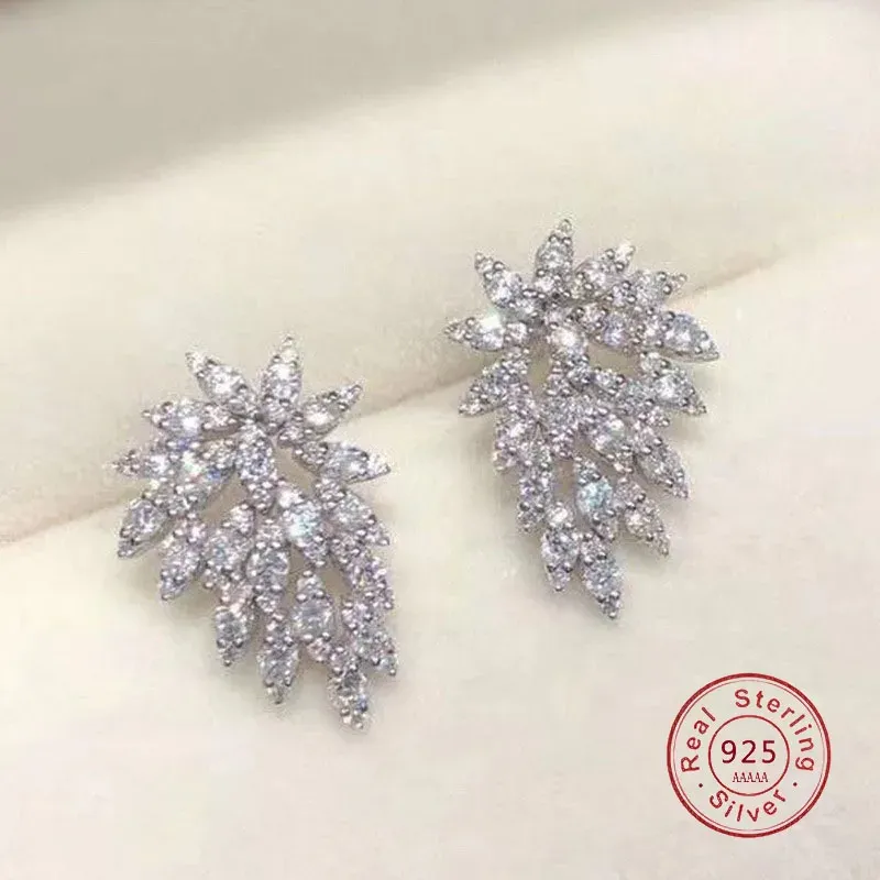 Statement-Ohrringe aus 925er-Sterlingsilber mit Strasssteinen, 2021, geometrische große Blatt-Feder-Ohrstecker für Frauen, Kristall-Hochzeitsgeschenk