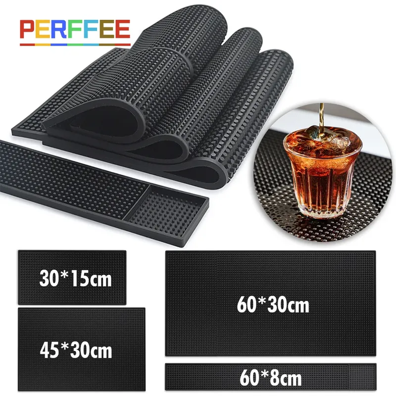Gummi-Barmatte, Kaffeemaschine, Arbeitsplatte, Auslaufmatten, Bar-Servicematte, Abtropfmatte aus Glas für Barista, Cocktail, Barkeeper, Schwarz