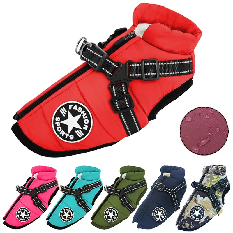 Winter-Hundekleidung mit Geschirr, wasserdichte, warme Baumwolljacke für kleine und große Hunde, Welpenkleidung, Mantel mit französischer Bulldogge