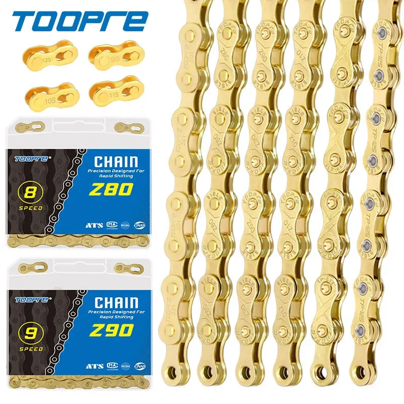 TOOPRE Fahrradkette 6, 7, 8, 9, 10, 11, 12-Gang-MTB, Rennrad, Kohlenstoffstahl, variable Geschwindigkeit, goldene Kette, vollständig beschichtet, rostfrei, 116 l