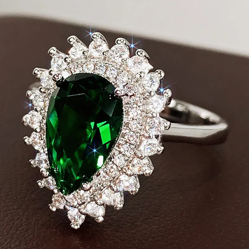 CAOSHI Luxus-Fingerringe für Damen, für Party, hellgrün, birnenförmiger Kristall, edle Dame, Vintage-Stil, Accessoires, wunderschönes Geschenk