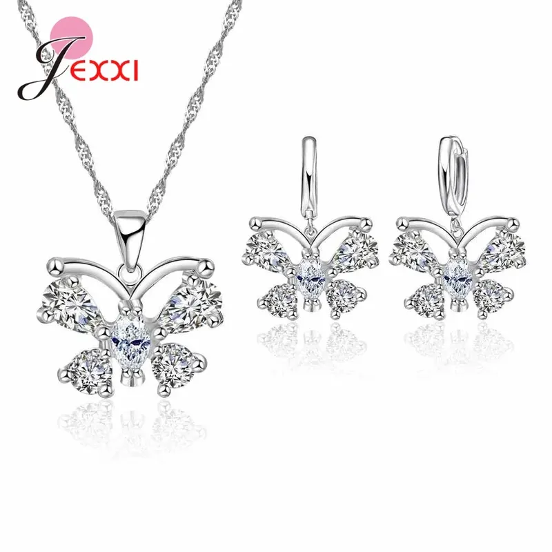 Neue Marke Brautschmuck Sets 925 Sterling Silber Statement Blume Schmetterling Choker Halsketten Zirkonia Ohrringe für Frauen Geschenk