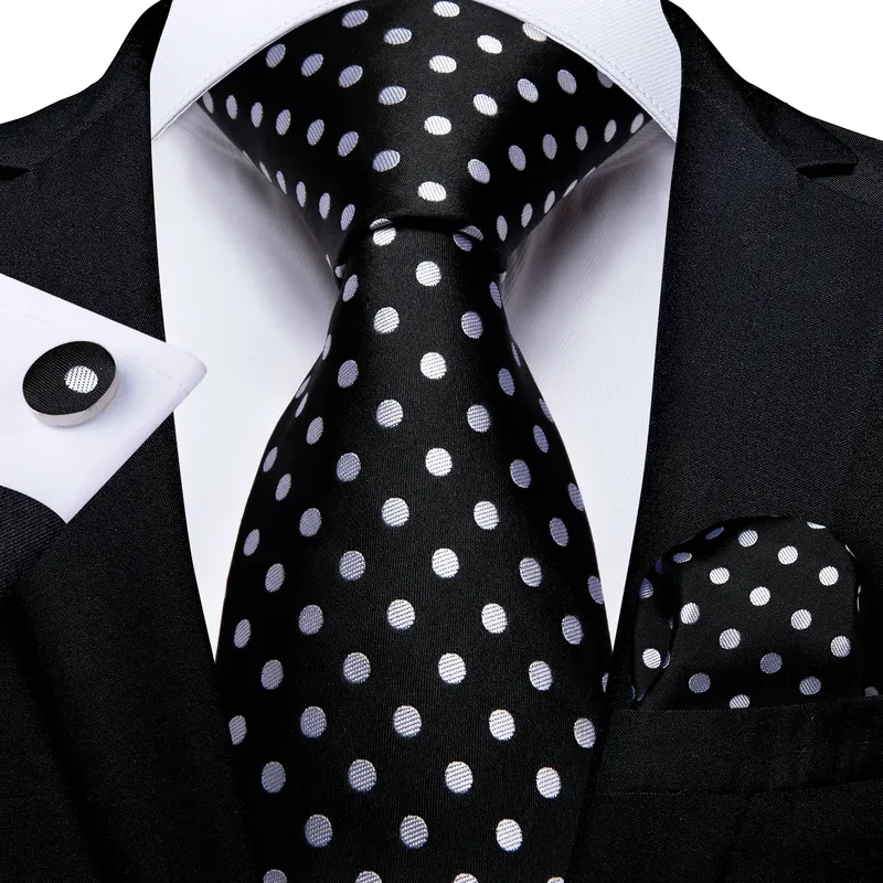 Weißer Punkt, schwarze Seidenkrawatten für Männer, Business, Hochzeit, 8 cm, Herren-Krawatte, Einstecktuch, Manschettenknöpfe, Herren-Accessoires, Geschenk