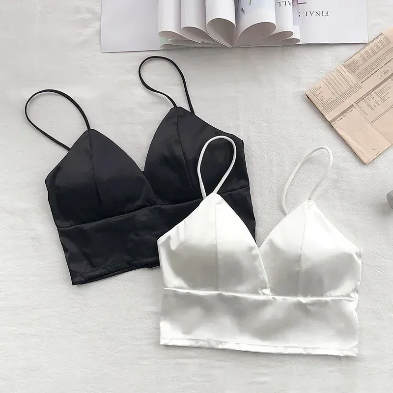 Sexy Satin Crop Tops Frauen Drahtlose Bralette Häkeln Top Weibliche Spaghetti Strap T-shirt Gestellte Mit Brust Gepolsterte Leibchen