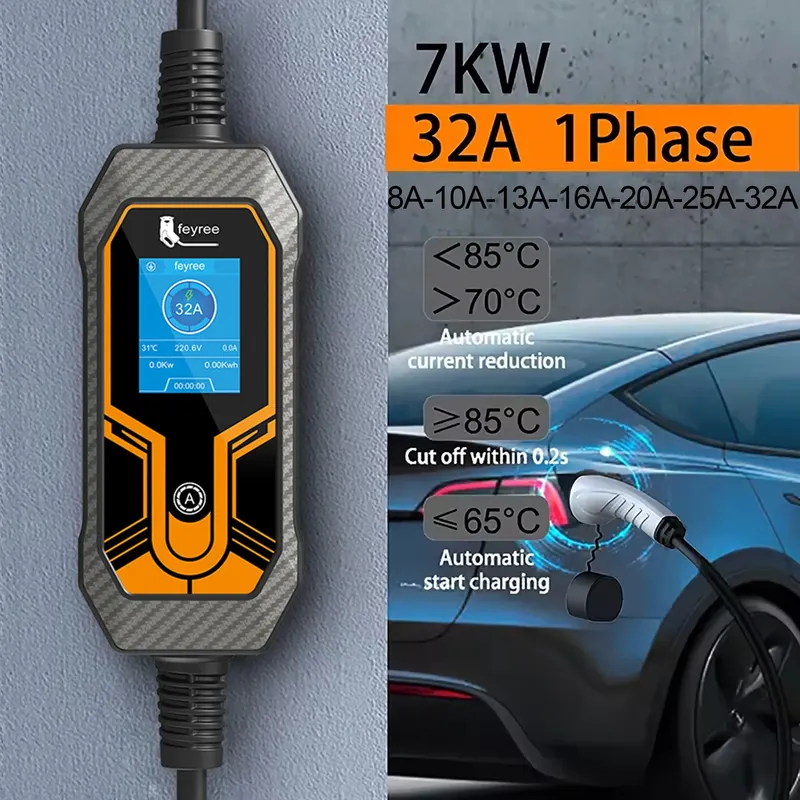 feyree Tragbares EV-Ladegerät Wallbox Typ2-Kabel 32A 7KW mit CEE-Stecker EVSE Typ1 Ladebox j1772 Adapter für Elektrofahrzeuge