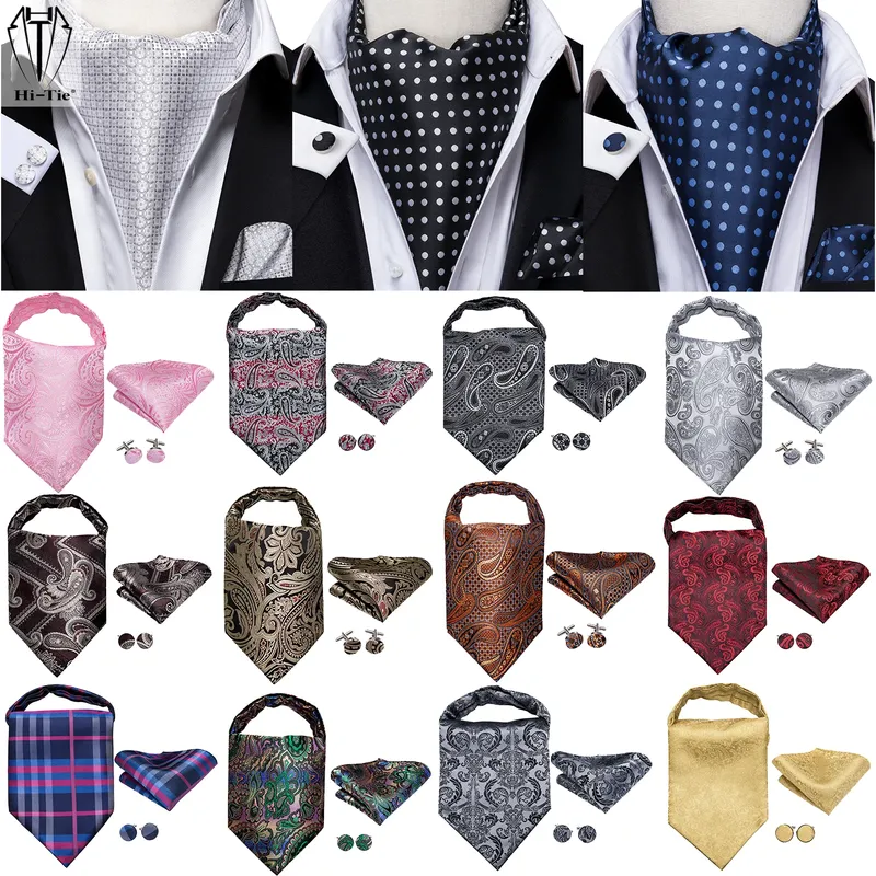 Hi-Tie Seide Herren Ascots Einstecktuch Manschettenknöpfe Set Jacquard Paisley Floral Krawatte Krawatte Selbst Vintage Ascot Schwarz Grau Rot Gold Rosa Blau